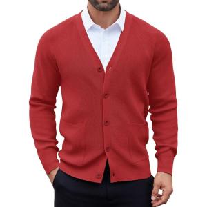 imageCOOFANDY Mens Cardigan Sweaters with Button Lightweight Casual V Neck Long Sleeve Pockets Knitted SweaterDark Red