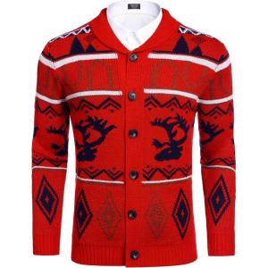 imageCOOFANDY Mens Christmas Cardigans Ugly Xmas Sweaters Reindeer Snowflake Shawl Collar Knitted Cardigan SweaterRed Elk