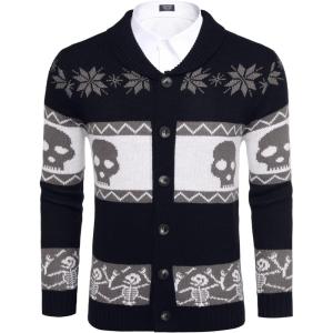 imageCOOFANDY Mens Christmas Cardigans Ugly Xmas Sweaters Reindeer Snowflake Shawl Collar Knitted Cardigan SweaterSkeleton