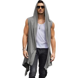 imageCOOFANDY Mens Long Hooded Cardigan Sleeveless Ruffle Shawl Collar Lightweight Open Front Drape Kimono VestMiddle Grey