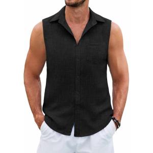 imageCOOFANDY Mens Sleeveless Beach Shirts Summer Button Up Tank Tops Casual Textured Tank ShirtBlack
