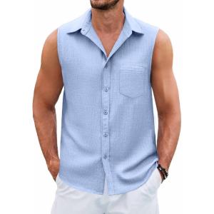 imageCOOFANDY Mens Sleeveless Beach Shirts Summer Button Up Tank Tops Casual Textured Tank ShirtLight Blue