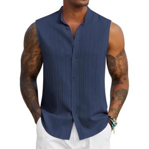 imageCOOFANDY Mens Sleeveless Summer Shirts Beach Tank Tops Button Up Textured Tank Shirt for VacationNavy Blue