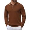 imageCOOFANDY Mens Knit Polo Shirt Long Sleeve Quarter Zip Polo Sweater Casual Golf Shirts Vintage Striped Collar PoloCaramel