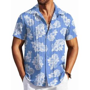 imageCOOFANDY Mens Casual Button Down Shirts Short Sleeve Textured Summer Beach ShirtsLight Blue  White Floral