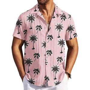 imageCOOFANDY Mens Casual Button Down Shirts Short Sleeve Textured Summer Beach ShirtsPink  Coconut Tree