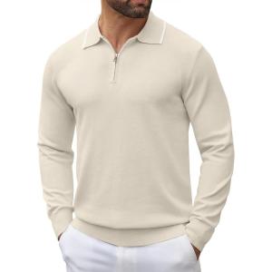 imageCOOFANDY Mens Knit Polo Shirt Long Sleeve Quarter Zip Polo Sweater Casual Golf Shirts Vintage Striped Collar PoloBeige