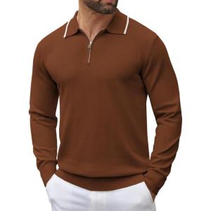 imageCOOFANDY Mens Knit Polo Shirt Long Sleeve Quarter Zip Polo Sweater Casual Golf Shirts Vintage Striped Collar PoloCaramel