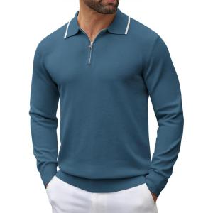 imageCOOFANDY Mens Knit Polo Shirt Long Sleeve Quarter Zip Polo Sweater Casual Golf Shirts Vintage Striped Collar PoloDark Blue