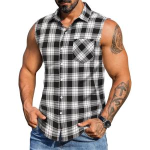 imageCOOFANDY Mens Sleeveless Flannel Shirt Casual Summer Tank Top Button Up Sleeveless Beach Shirts with Chest PocketBlack1