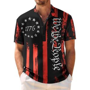 imageCOOFANDY Mens Casual Henley Shirt Band Collar Short Sleeve Shirt Summer Beach Hippie Shirt1776 Pentagram  Black White Red