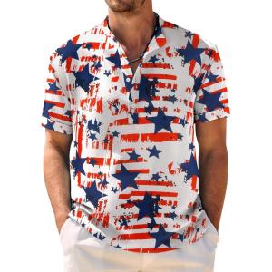 imageCOOFANDY Mens Casual Henley Shirt Band Collar Short Sleeve Shirt Summer Beach Hippie ShirtRed White Flag Blue Stars