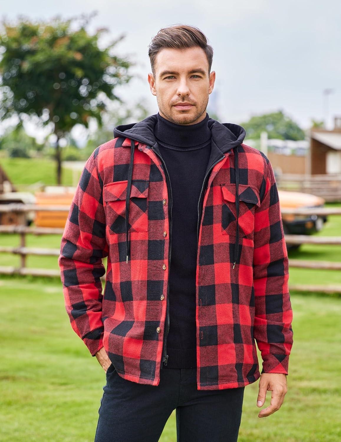 imageCOOFANDY Mens Flannel Shirt Jacket Warm Quilted Lined Hooded Long Sleeve Plaid Shirt JacketsBlack  Red Plaid
