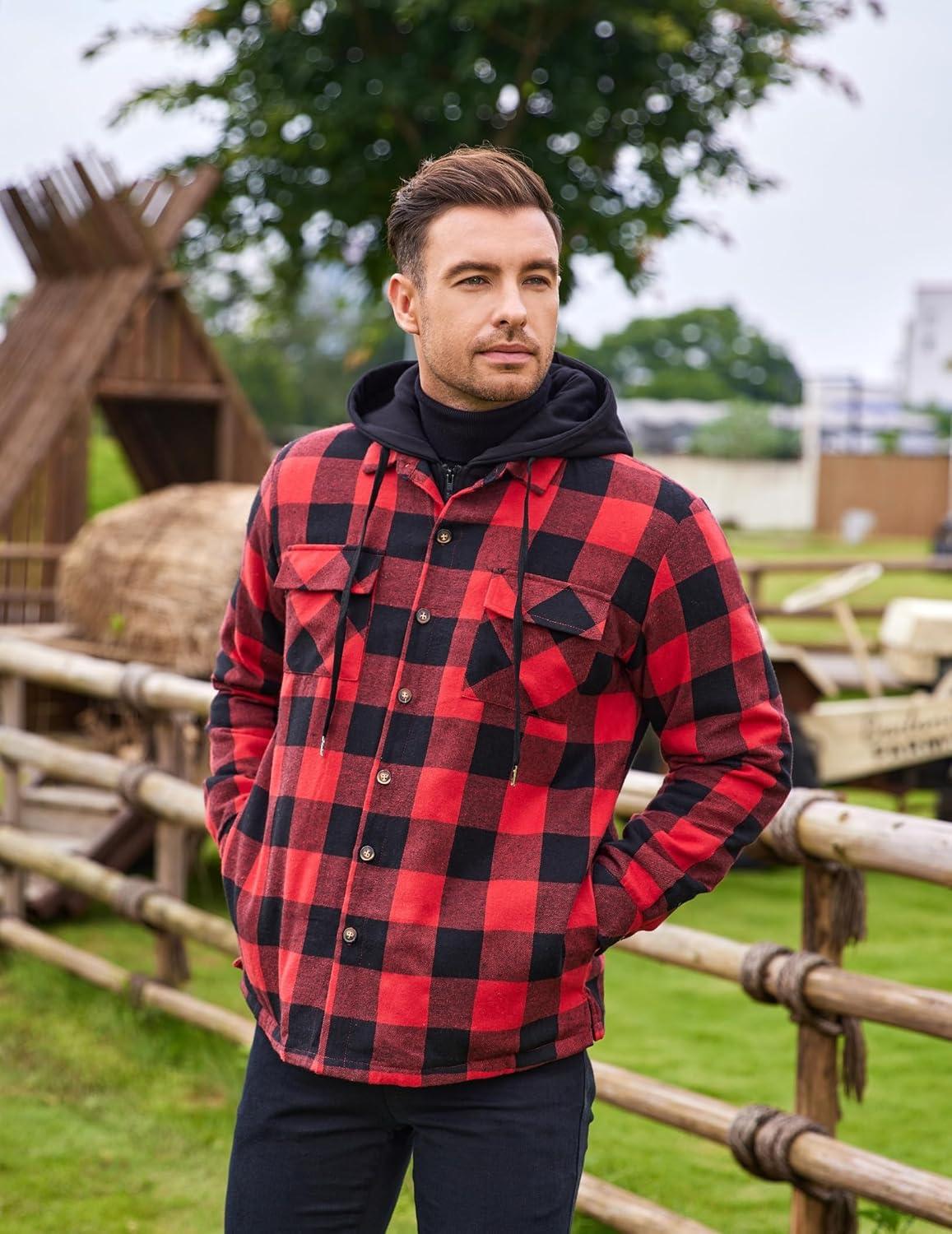imageCOOFANDY Mens Flannel Shirt Jacket Warm Quilted Lined Hooded Long Sleeve Plaid Shirt JacketsBlack  Red Plaid