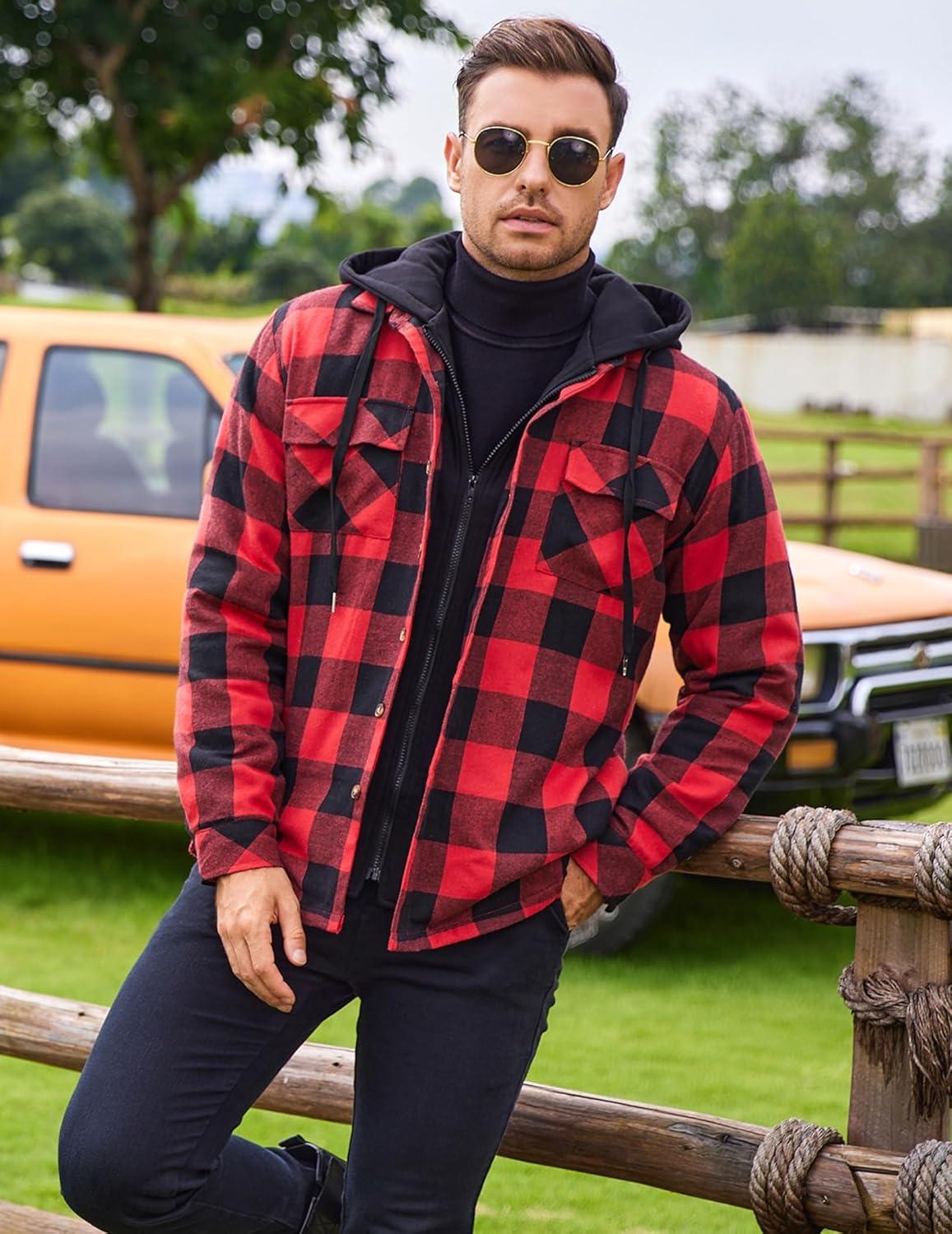 imageCOOFANDY Mens Flannel Shirt Jacket Warm Quilted Lined Hooded Long Sleeve Plaid Shirt JacketsBlack  Red Plaid