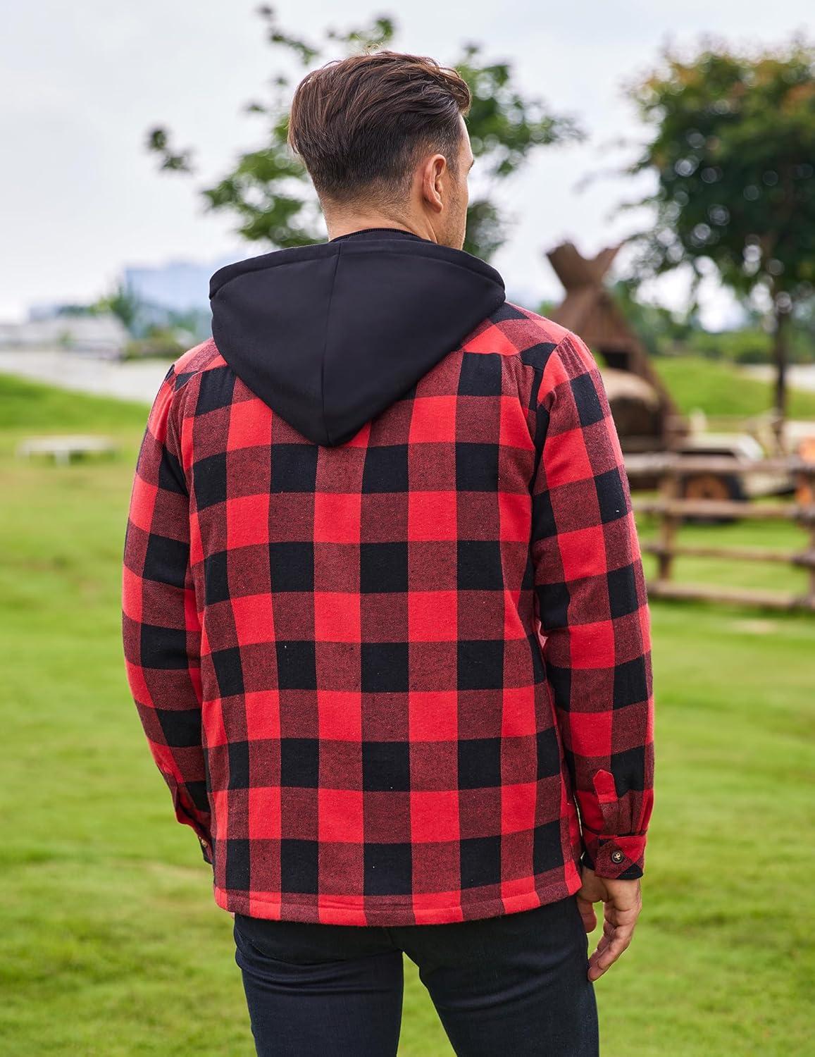 imageCOOFANDY Mens Flannel Shirt Jacket Warm Quilted Lined Hooded Long Sleeve Plaid Shirt JacketsBlack  Red Plaid