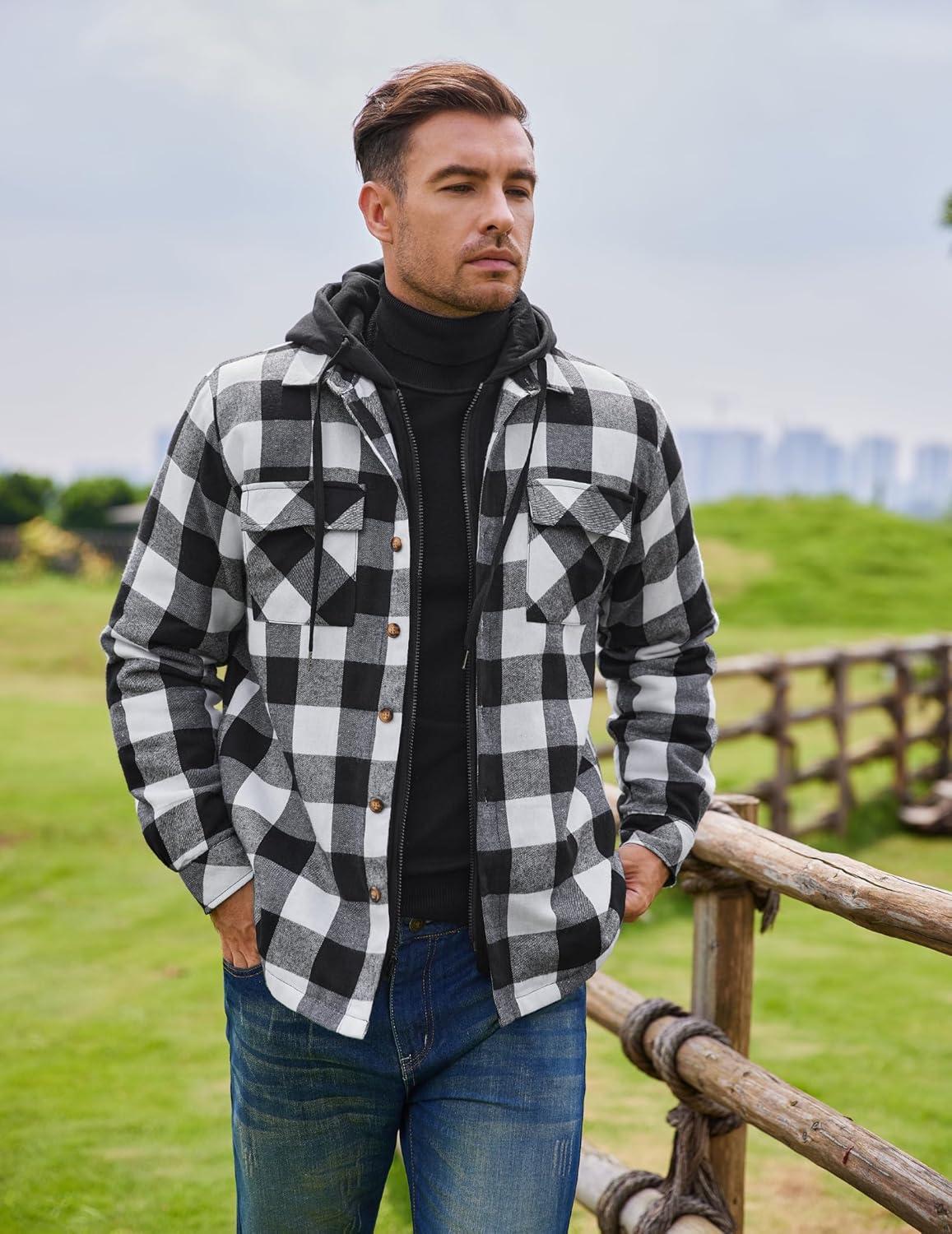 imageCOOFANDY Mens Flannel Shirt Jacket Warm Quilted Lined Hooded Long Sleeve Plaid Shirt JacketsBlack  White Plaid