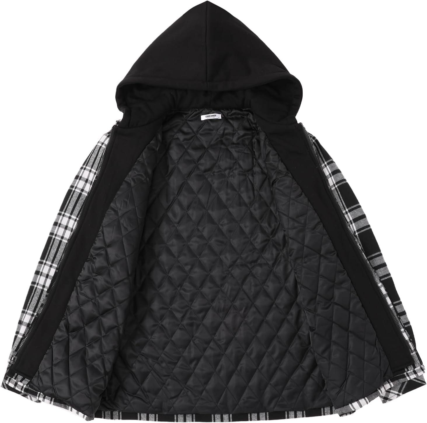 imageCOOFANDY Mens Flannel Shirt Jacket Warm Quilted Lined Hooded Long Sleeve Plaid Shirt JacketsBlack  White Plaid