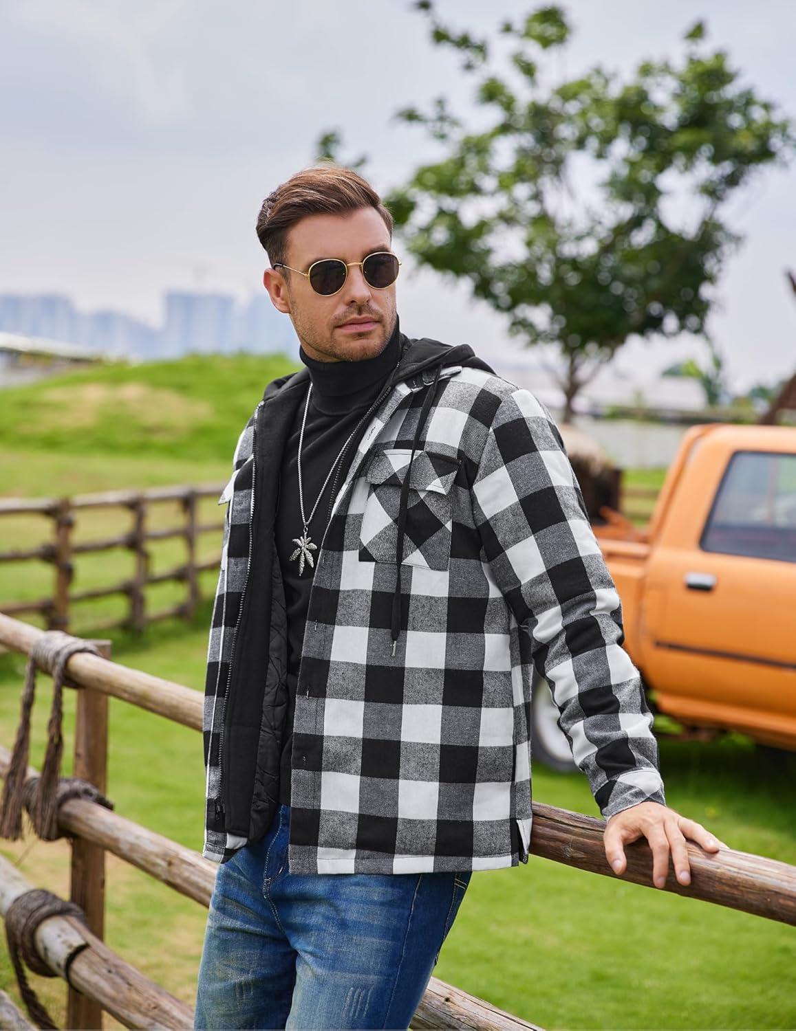 imageCOOFANDY Mens Flannel Shirt Jacket Warm Quilted Lined Hooded Long Sleeve Plaid Shirt JacketsBlack  White Plaid