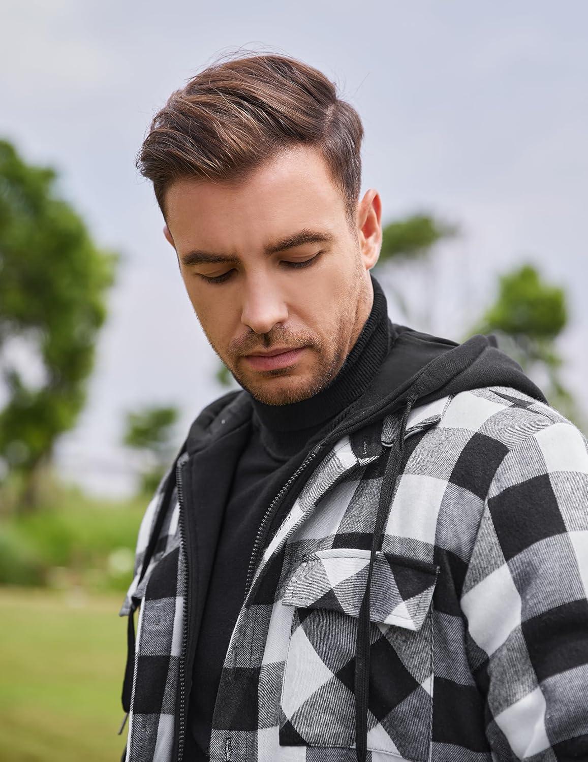 imageCOOFANDY Mens Flannel Shirt Jacket Warm Quilted Lined Hooded Long Sleeve Plaid Shirt JacketsBlack  White Plaid
