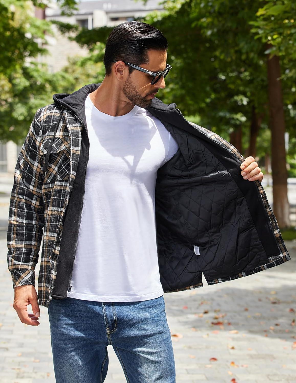 imageCOOFANDY Mens Flannel Shirt Jacket Warm Quilted Lined Hooded Long Sleeve Plaid Shirt JacketsBlack Khaki Plaid