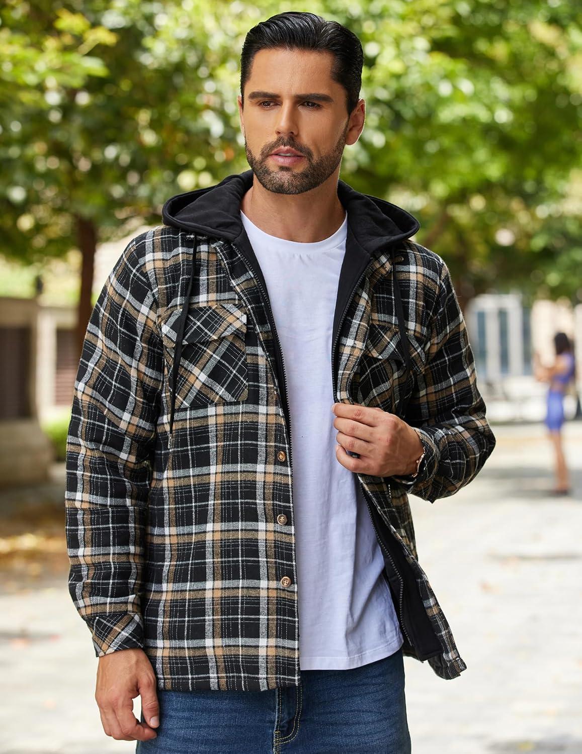imageCOOFANDY Mens Flannel Shirt Jacket Warm Quilted Lined Hooded Long Sleeve Plaid Shirt JacketsBlack Khaki Plaid