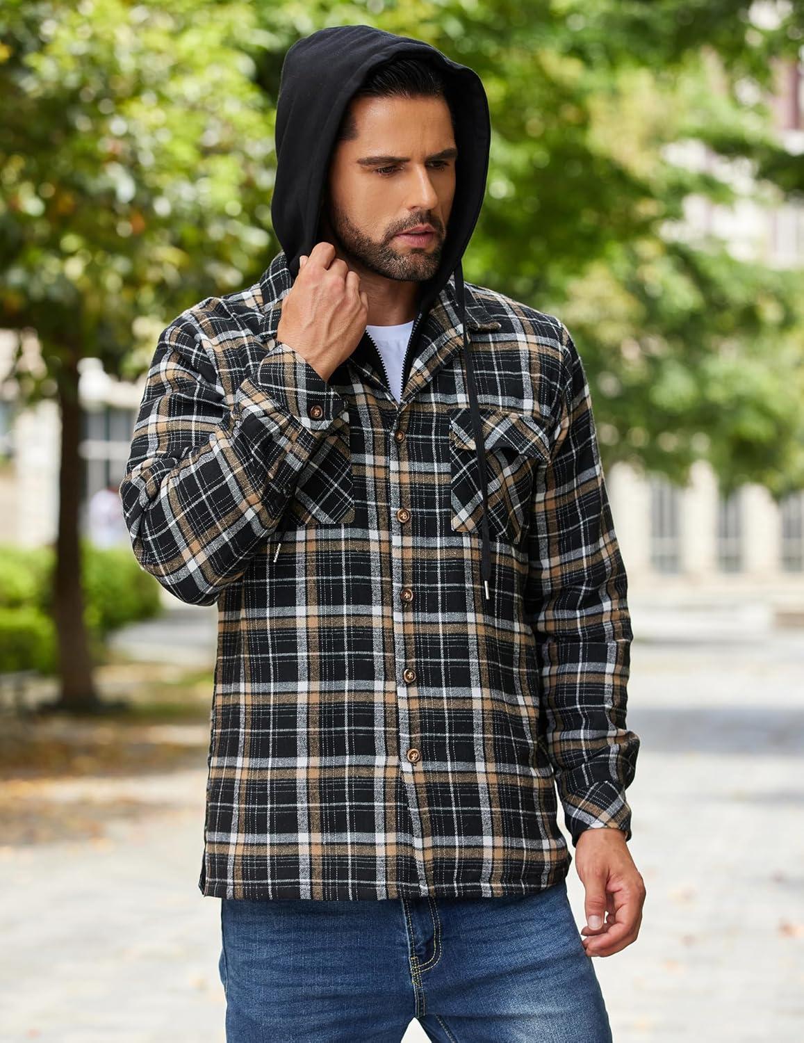 imageCOOFANDY Mens Flannel Shirt Jacket Warm Quilted Lined Hooded Long Sleeve Plaid Shirt JacketsBlack Khaki Plaid