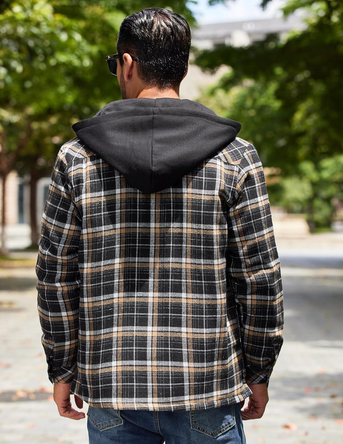 imageCOOFANDY Mens Flannel Shirt Jacket Warm Quilted Lined Hooded Long Sleeve Plaid Shirt JacketsBlack Khaki Plaid