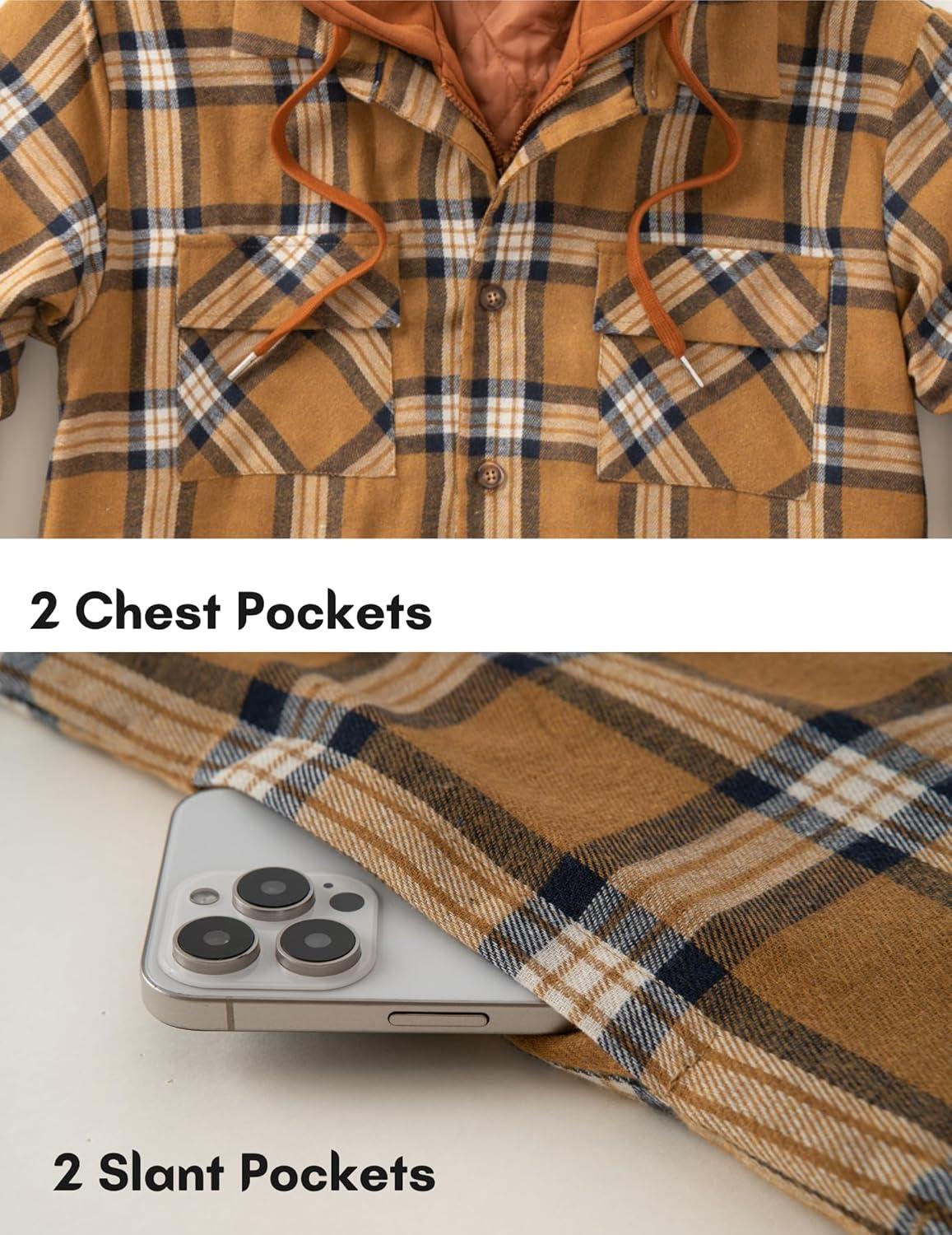 imageCOOFANDY Mens Flannel Shirt Jacket Warm Quilted Lined Hooded Long Sleeve Plaid Shirt JacketsLight Brown Plaid