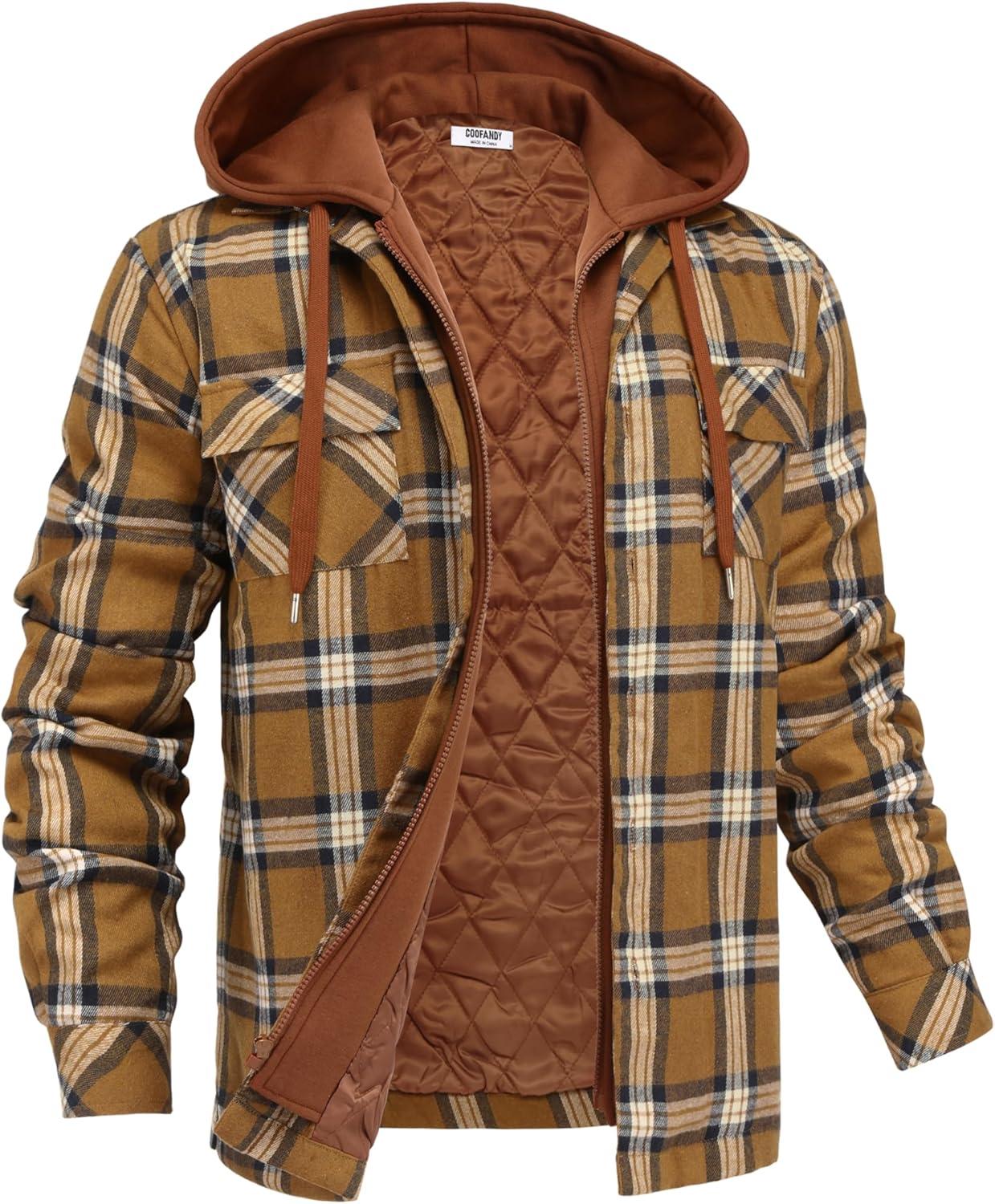 imageCOOFANDY Mens Flannel Shirt Jacket Warm Quilted Lined Hooded Long Sleeve Plaid Shirt JacketsLight Brown Plaid