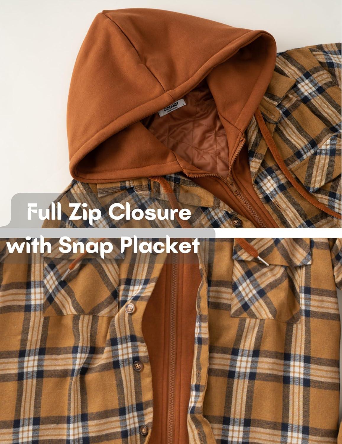 imageCOOFANDY Mens Flannel Shirt Jacket Warm Quilted Lined Hooded Long Sleeve Plaid Shirt JacketsLight Brown Plaid