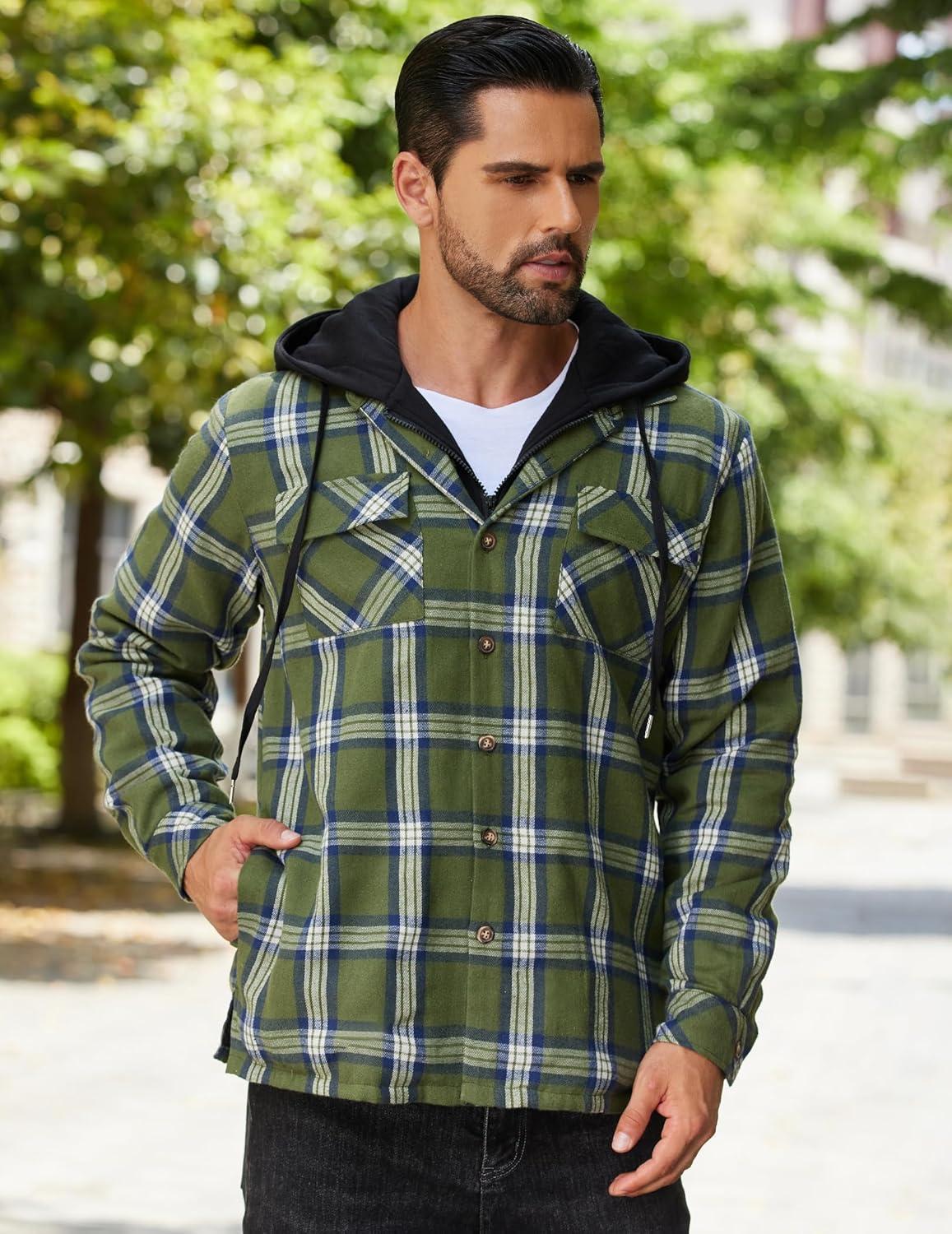 imageCOOFANDY Mens Flannel Shirt Jacket Warm Quilted Lined Hooded Long Sleeve Plaid Shirt JacketsNavy  Army Green Plaid