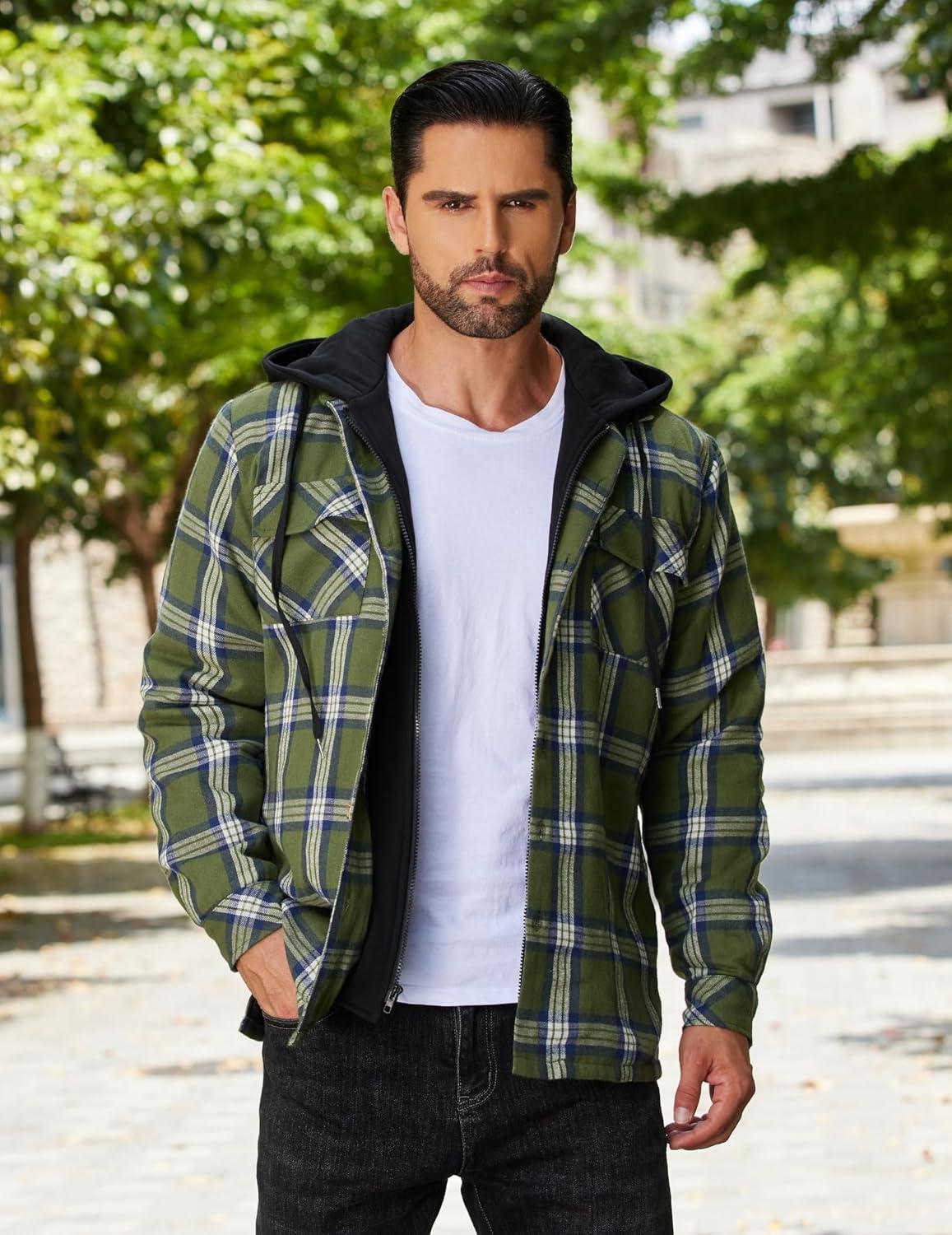 imageCOOFANDY Mens Flannel Shirt Jacket Warm Quilted Lined Hooded Long Sleeve Plaid Shirt JacketsNavy  Army Green Plaid