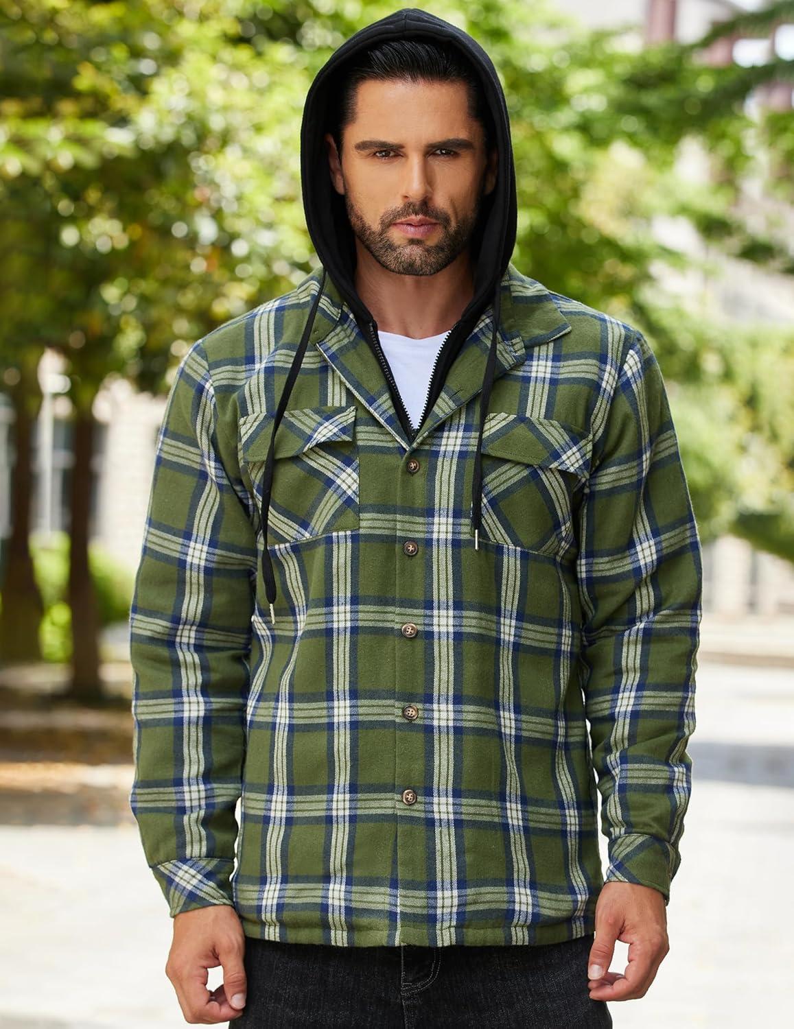 imageCOOFANDY Mens Flannel Shirt Jacket Warm Quilted Lined Hooded Long Sleeve Plaid Shirt JacketsNavy  Army Green Plaid