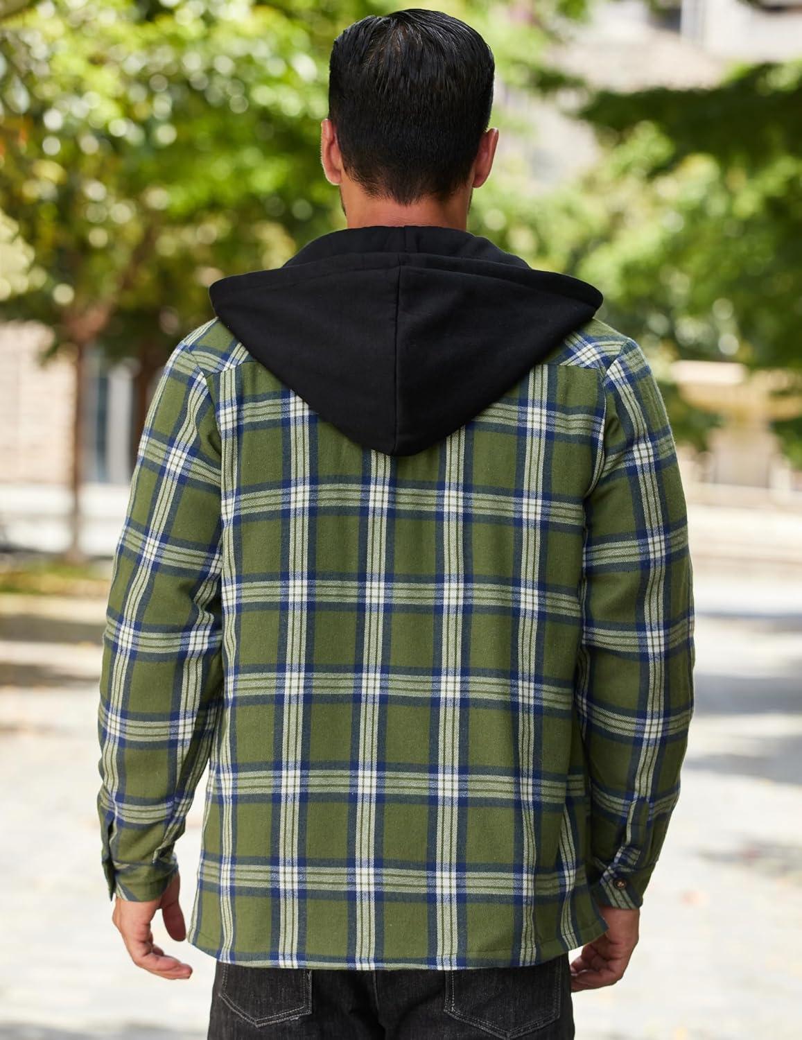 imageCOOFANDY Mens Flannel Shirt Jacket Warm Quilted Lined Hooded Long Sleeve Plaid Shirt JacketsNavy  Army Green Plaid