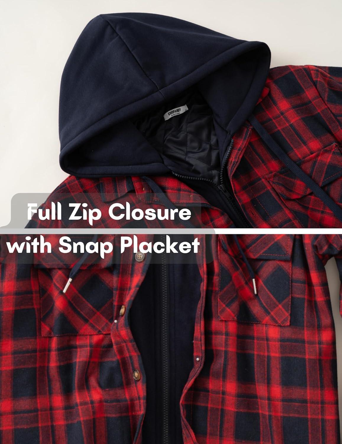 imageCOOFANDY Mens Flannel Shirt Jacket Warm Quilted Lined Hooded Long Sleeve Plaid Shirt JacketsNavy  Red Plaid
