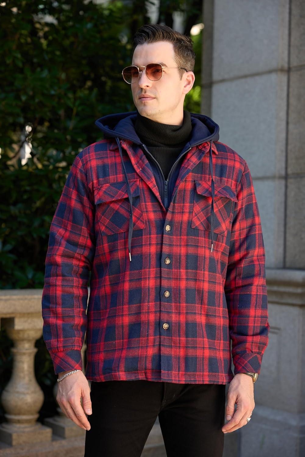 imageCOOFANDY Mens Flannel Shirt Jacket Warm Quilted Lined Hooded Long Sleeve Plaid Shirt JacketsNavy  Red Plaid