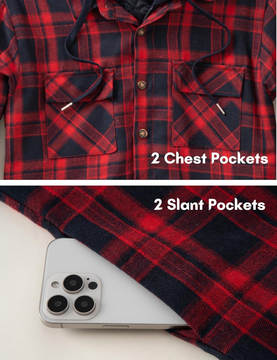 imageCOOFANDY Mens Flannel Shirt Jacket Warm Quilted Lined Hooded Long Sleeve Plaid Shirt JacketsNavy  Red Plaid