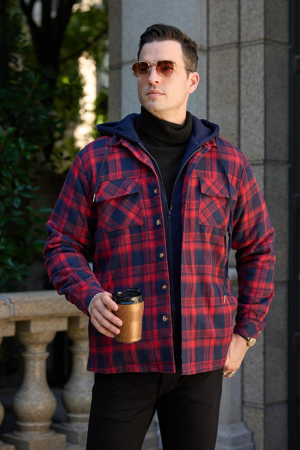 imageCOOFANDY Mens Flannel Shirt Jacket Warm Quilted Lined Hooded Long Sleeve Plaid Shirt JacketsNavy  Red Plaid
