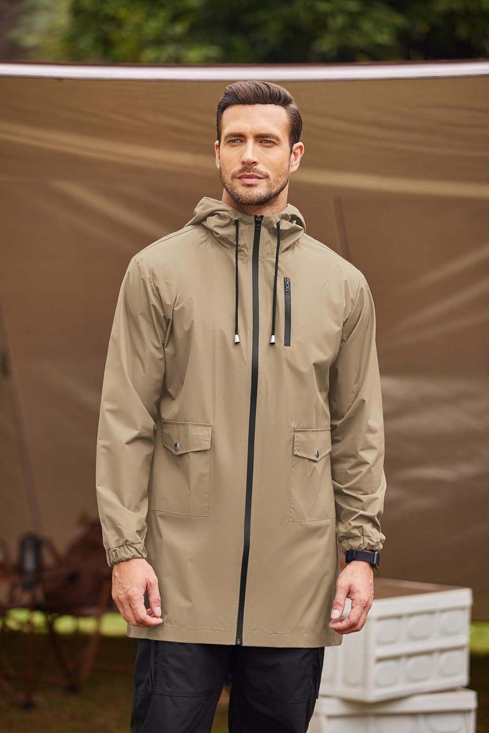 imageCOOFANDY Mens Long Raincoat Ligtweight Rain Jacket Waterproof Outdoor Jackets with HoodKhaki