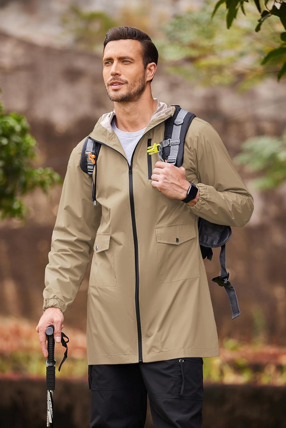 imageCOOFANDY Mens Long Raincoat Ligtweight Rain Jacket Waterproof Outdoor Jackets with HoodKhaki