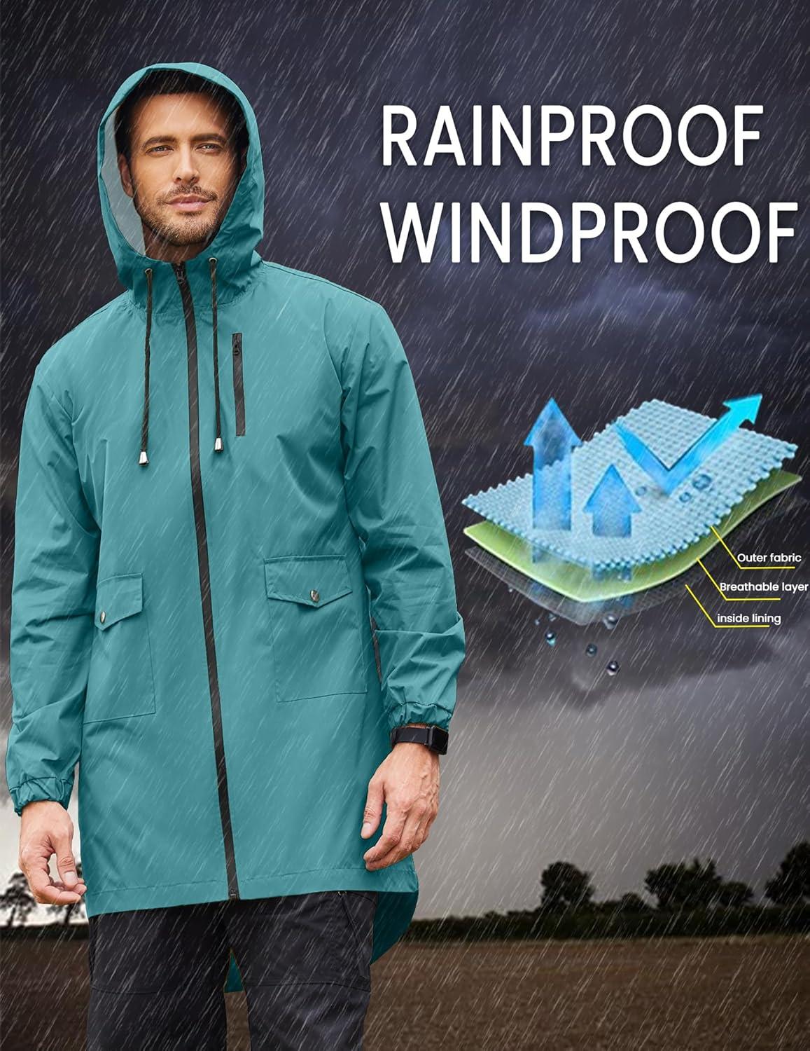 imageCOOFANDY Mens Long Raincoat Ligtweight Rain Jacket Waterproof Outdoor Jackets with HoodRoyal Blue