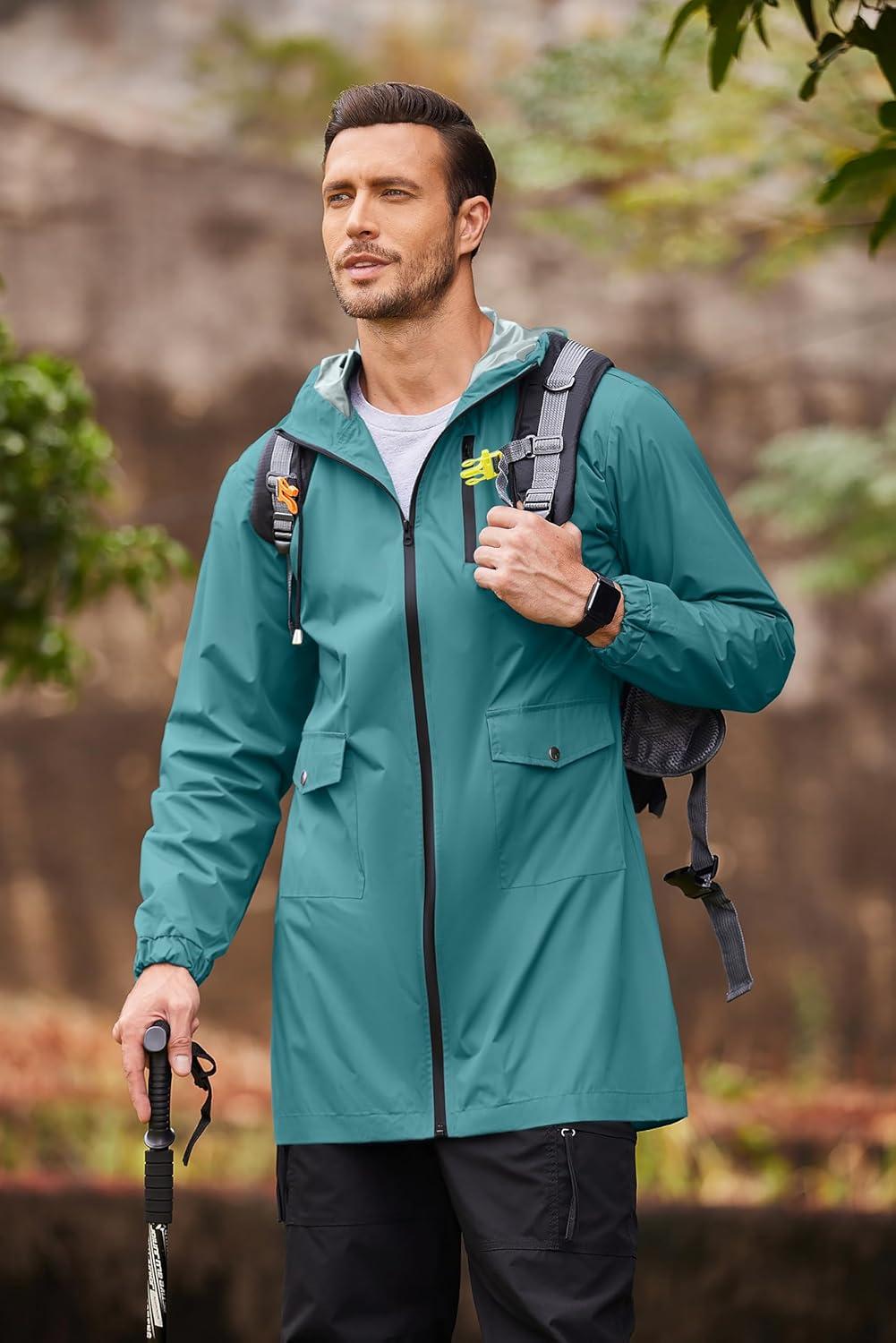 imageCOOFANDY Mens Long Raincoat Ligtweight Rain Jacket Waterproof Outdoor Jackets with HoodRoyal Blue