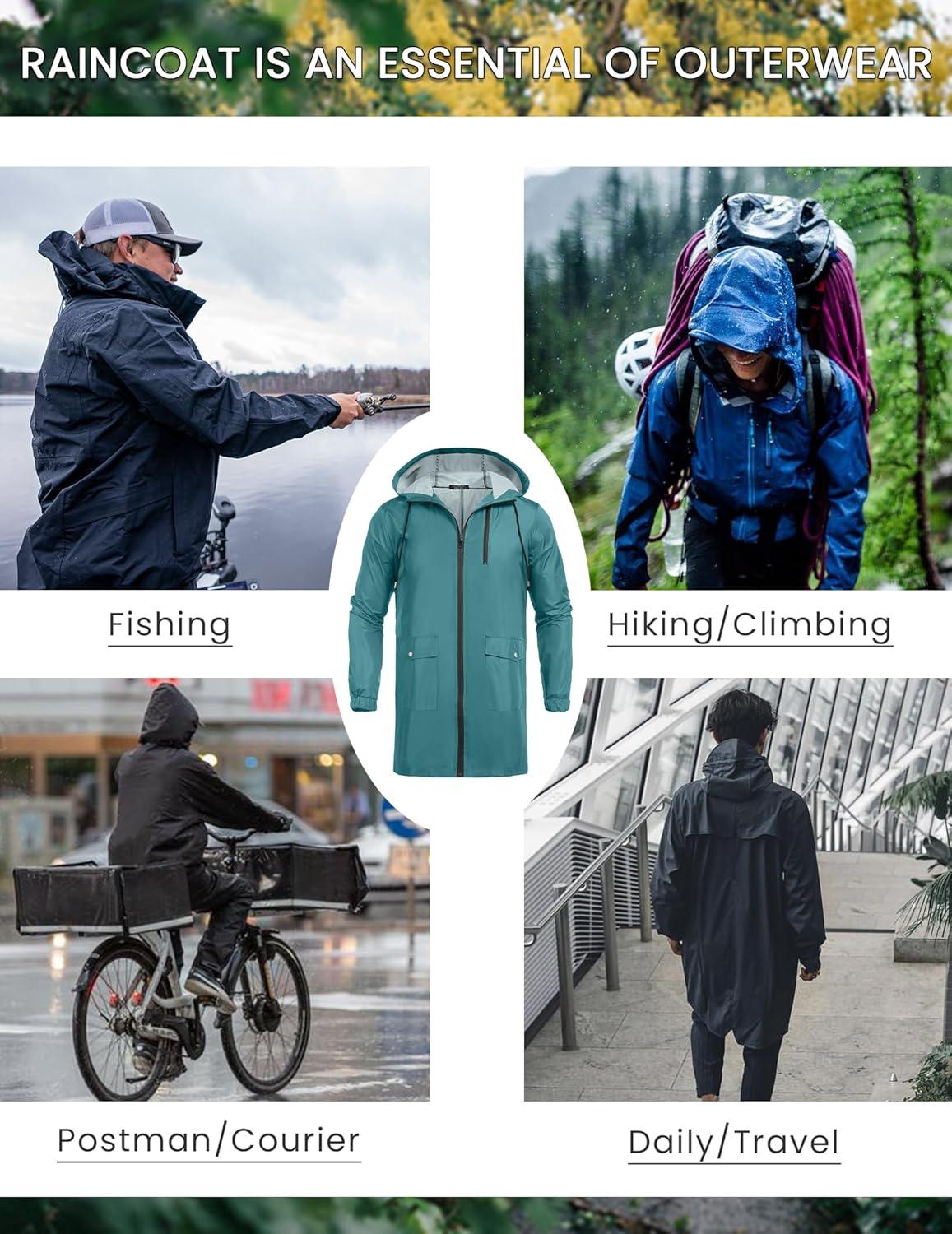 imageCOOFANDY Mens Long Raincoat Ligtweight Rain Jacket Waterproof Outdoor Jackets with HoodRoyal Blue