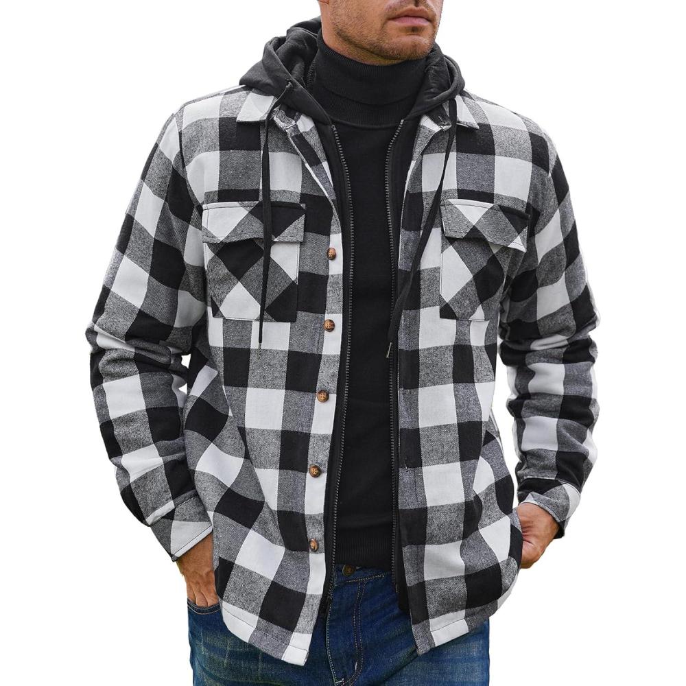 imageCOOFANDY Mens Flannel Shirt Jacket Warm Quilted Lined Hooded Long Sleeve Plaid Shirt JacketsBlack  White Plaid