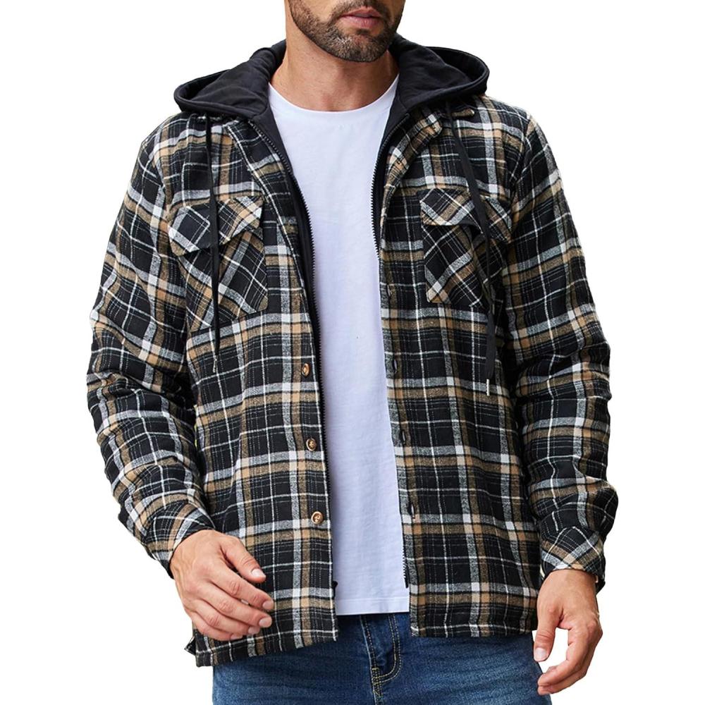 imageCOOFANDY Mens Flannel Shirt Jacket Warm Quilted Lined Hooded Long Sleeve Plaid Shirt JacketsBlack Khaki Plaid