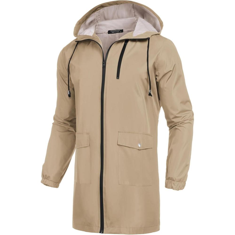 imageCOOFANDY Mens Long Raincoat Ligtweight Rain Jacket Waterproof Outdoor Jackets with HoodKhaki