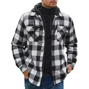 imageCOOFANDY Mens Flannel Shirt Jacket Warm Quilted Lined Hooded Long Sleeve Plaid Shirt JacketsBlack  White Plaid