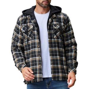 imageCOOFANDY Mens Flannel Shirt Jacket Warm Quilted Lined Hooded Long Sleeve Plaid Shirt JacketsBlack Khaki Plaid