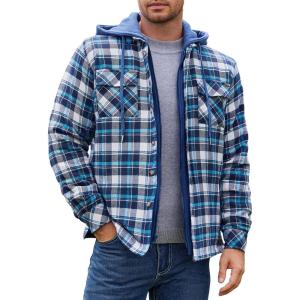 imageCOOFANDY Mens Flannel Shirt Jacket Warm Quilted Lined Hooded Long Sleeve Plaid Shirt JacketsBlue Plaid